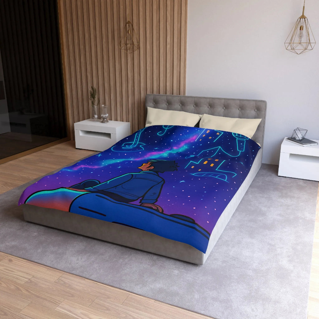 Housse de couette ciel étoilé avec rêveur contemplant silhouettes de musique et ville