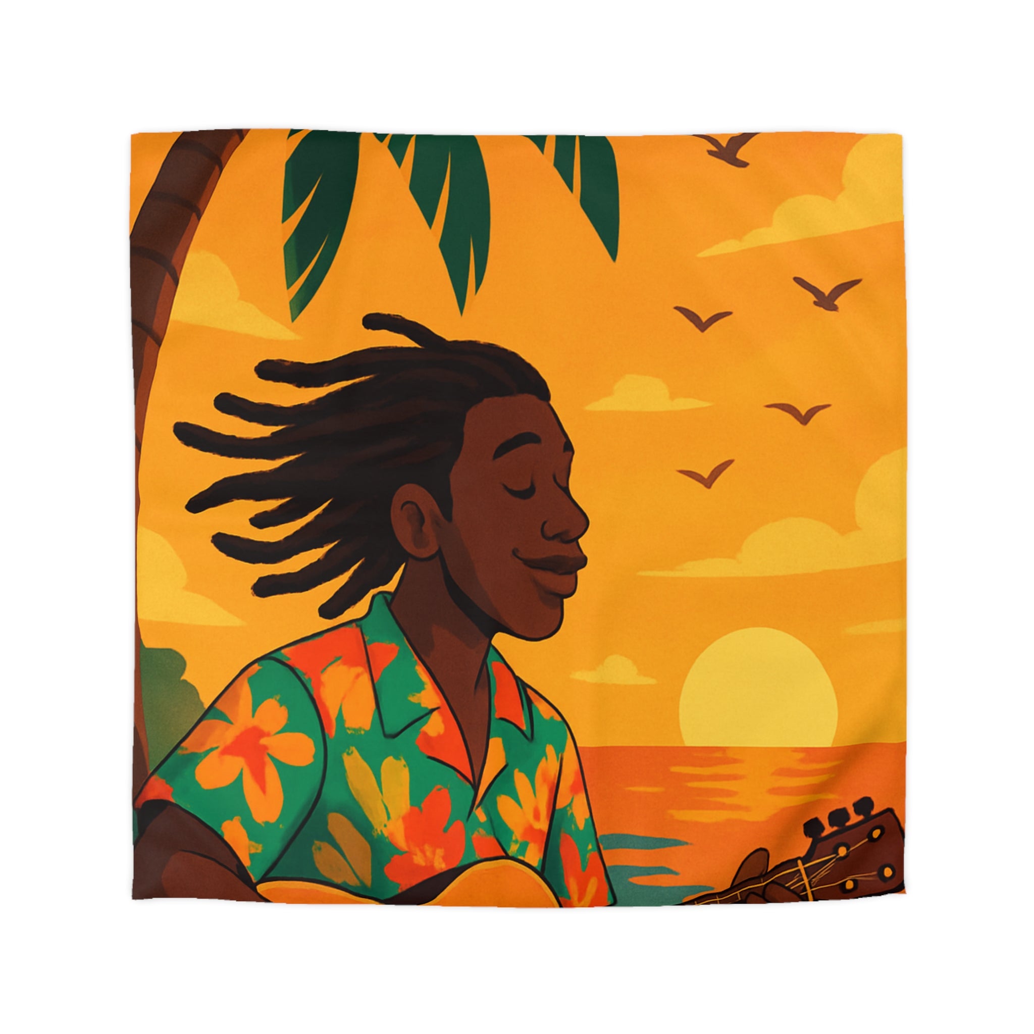 Housse de couette tropicale avec musique, coucher de soleil et palmiers exotiques pour chambre