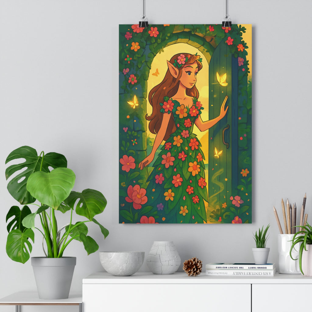 Poster décoratif féérique femme elfique nature magique vert doré salon chambre art mural ambiance