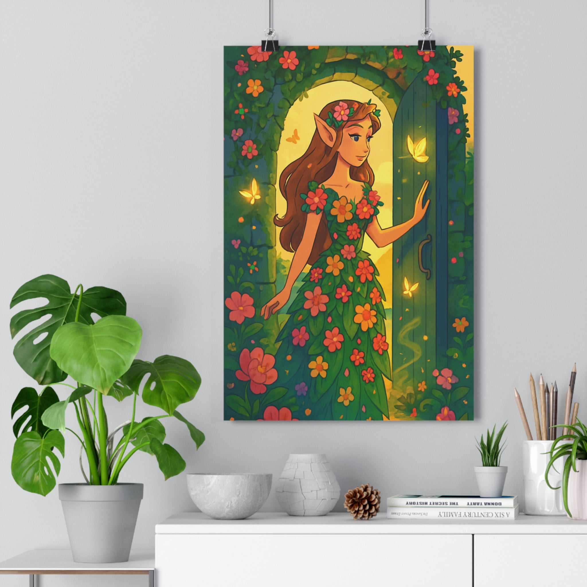 Poster décoratif féérique femme elfique nature magique vert doré salon chambre art mural ambiance