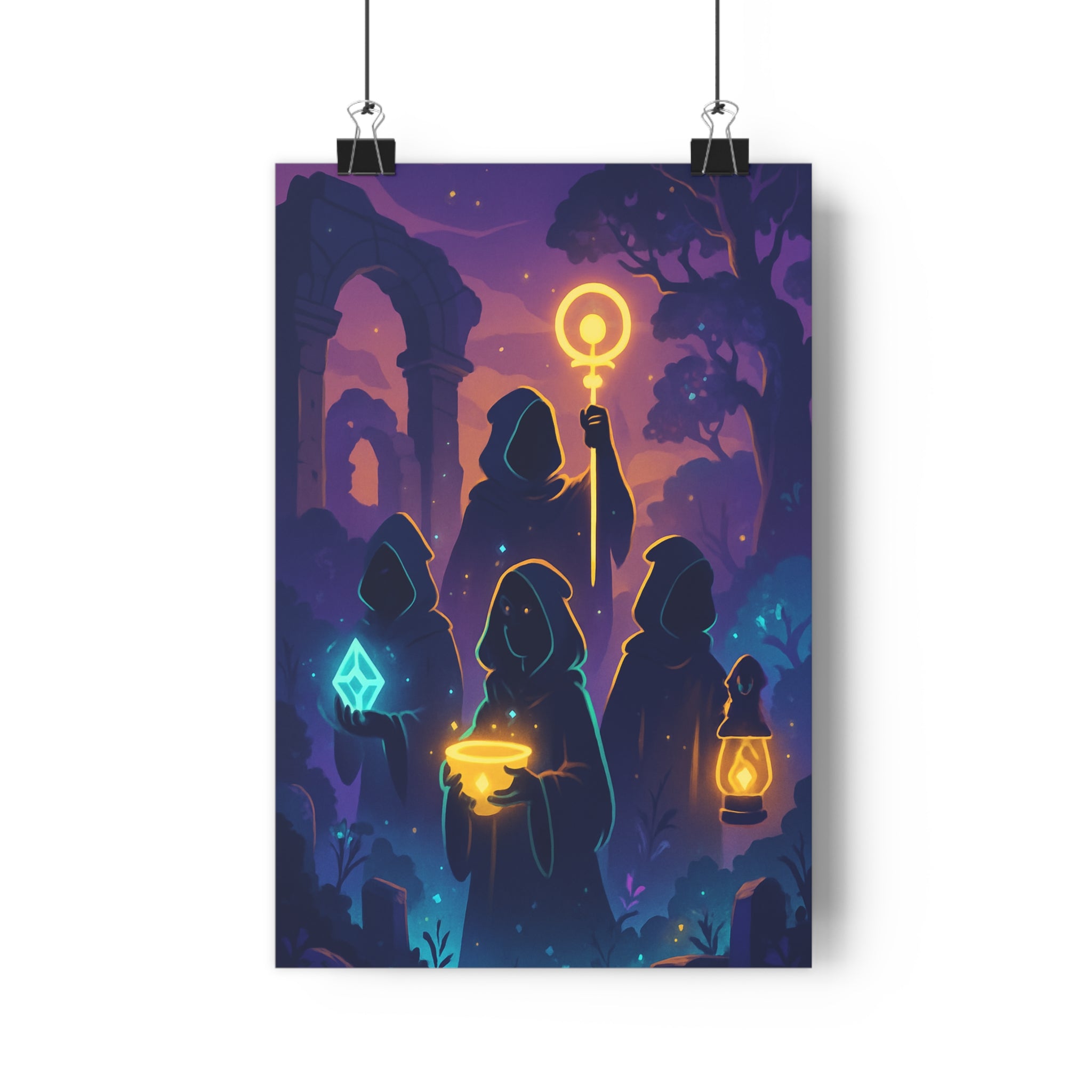 Poster décoratif fantasy enchanteur mystique méditation chambre crépusculaire animé lumineux figures paysage 30x46 cm