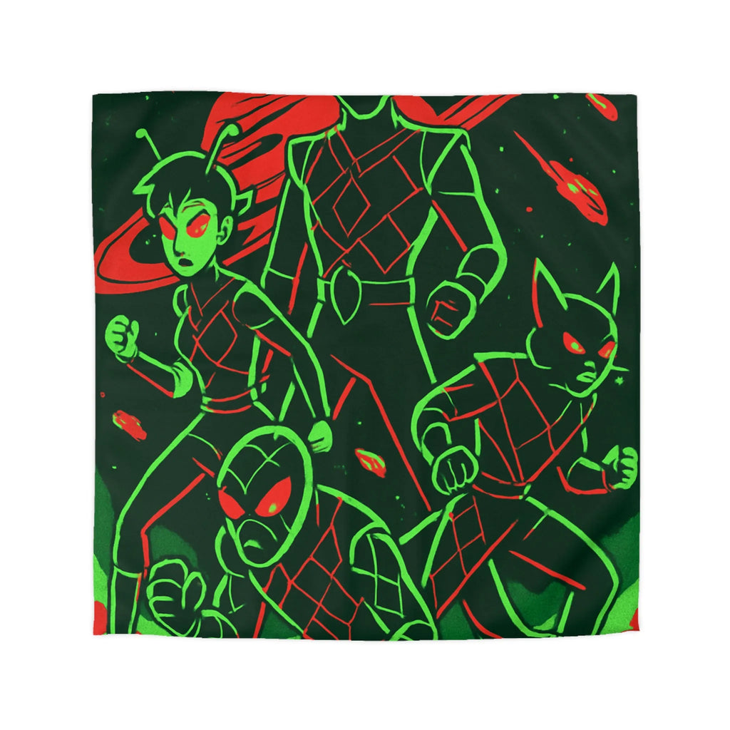 Housse de Couette Espace Vert Fluo Avec Quatre Héros En Pleine Action Rouge Noir