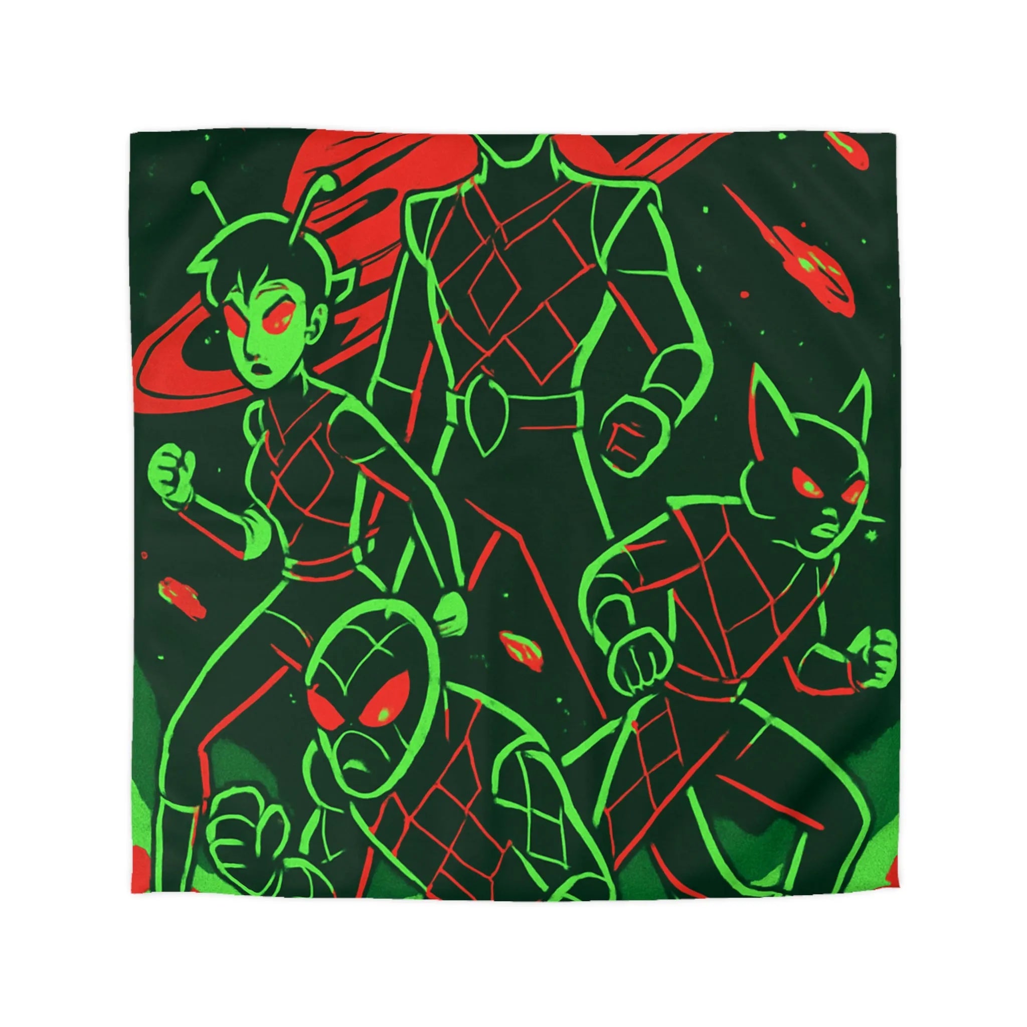 Housse de Couette Espace Vert Fluo Avec Quatre Héros En Pleine Action Rouge Noir