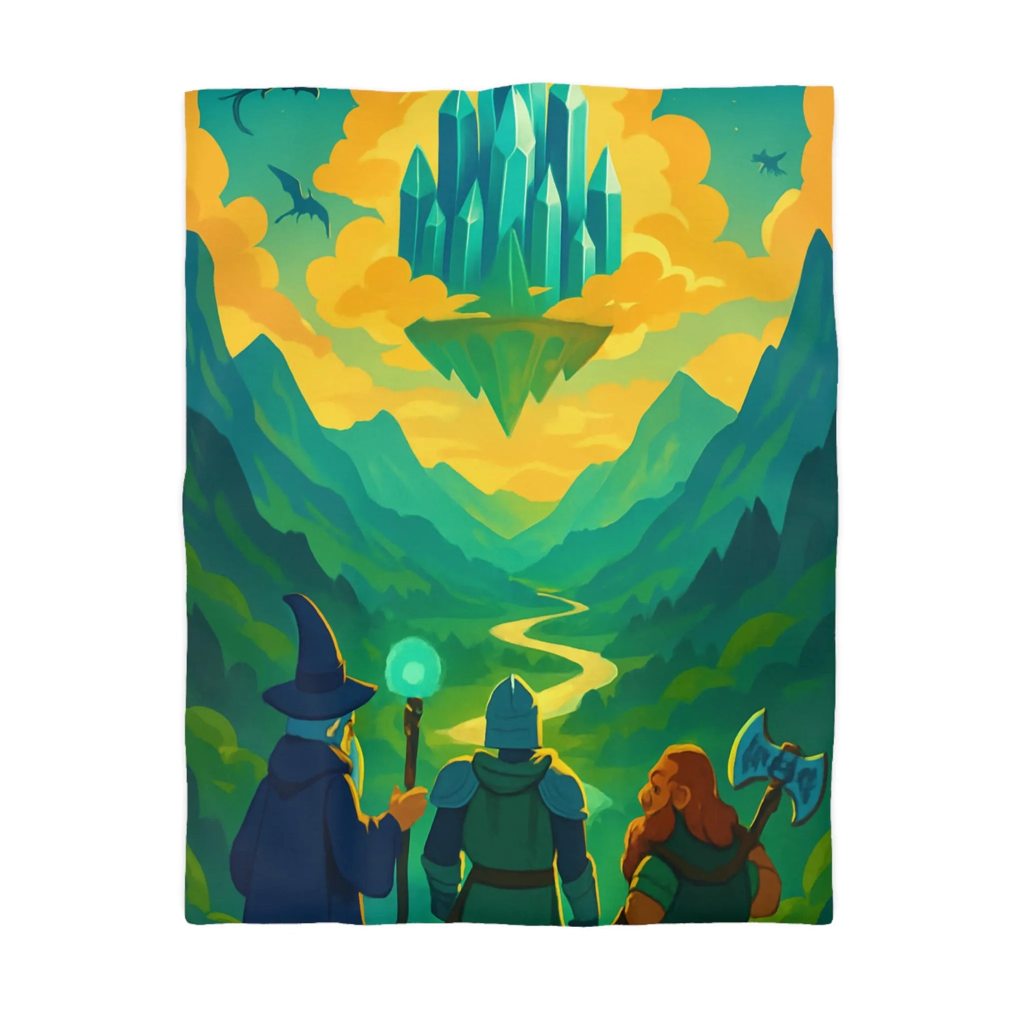 Housse de Couette Fantastique avec Vues Épiques de Cristal, Montagnes et Aventures Mythiques