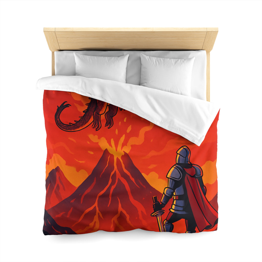 Imposant dragon rouge volant sur volcan en fusion, chevalier en armure contemplatif