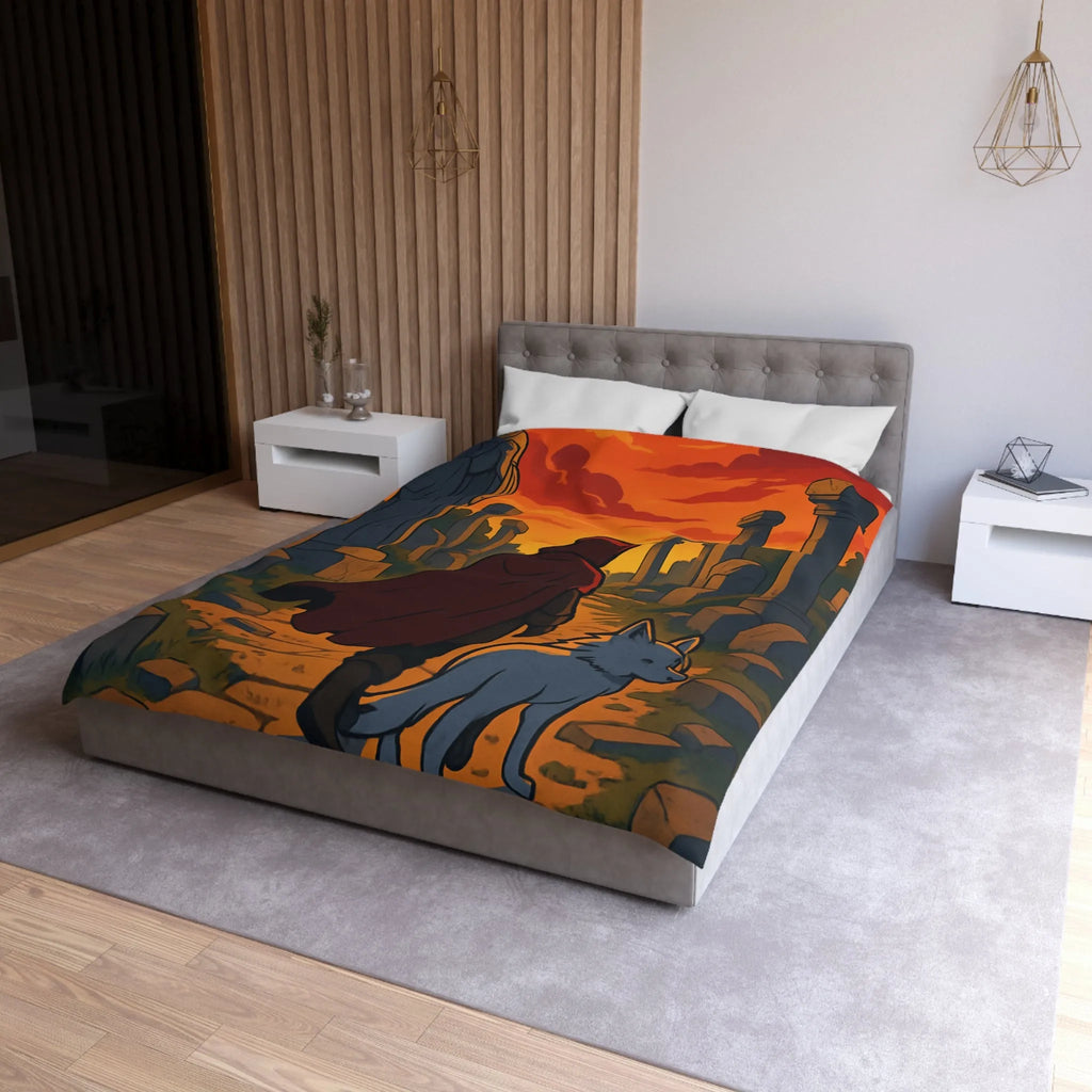 Housse de Couette Enfant Rouge et Blanc, Chemin Énigmatique du Crépuscule, Statue Mystérieuse