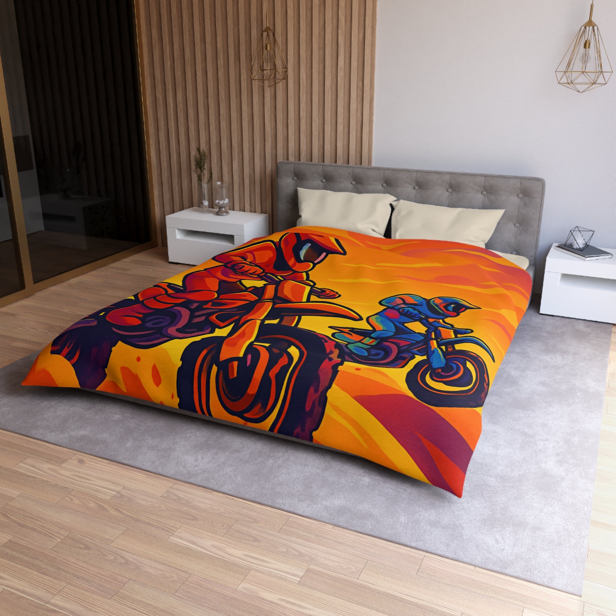 Housse de couette moto aventure: dynamique, couleurs vives, coucher de soleil dramatique