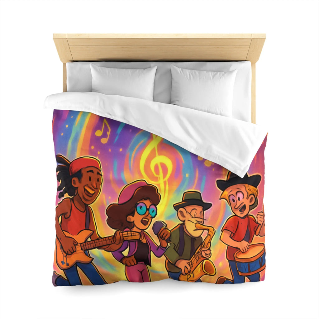 Housse de couette animée avec quatre musiciens et notes colorées en spirale lumineuse