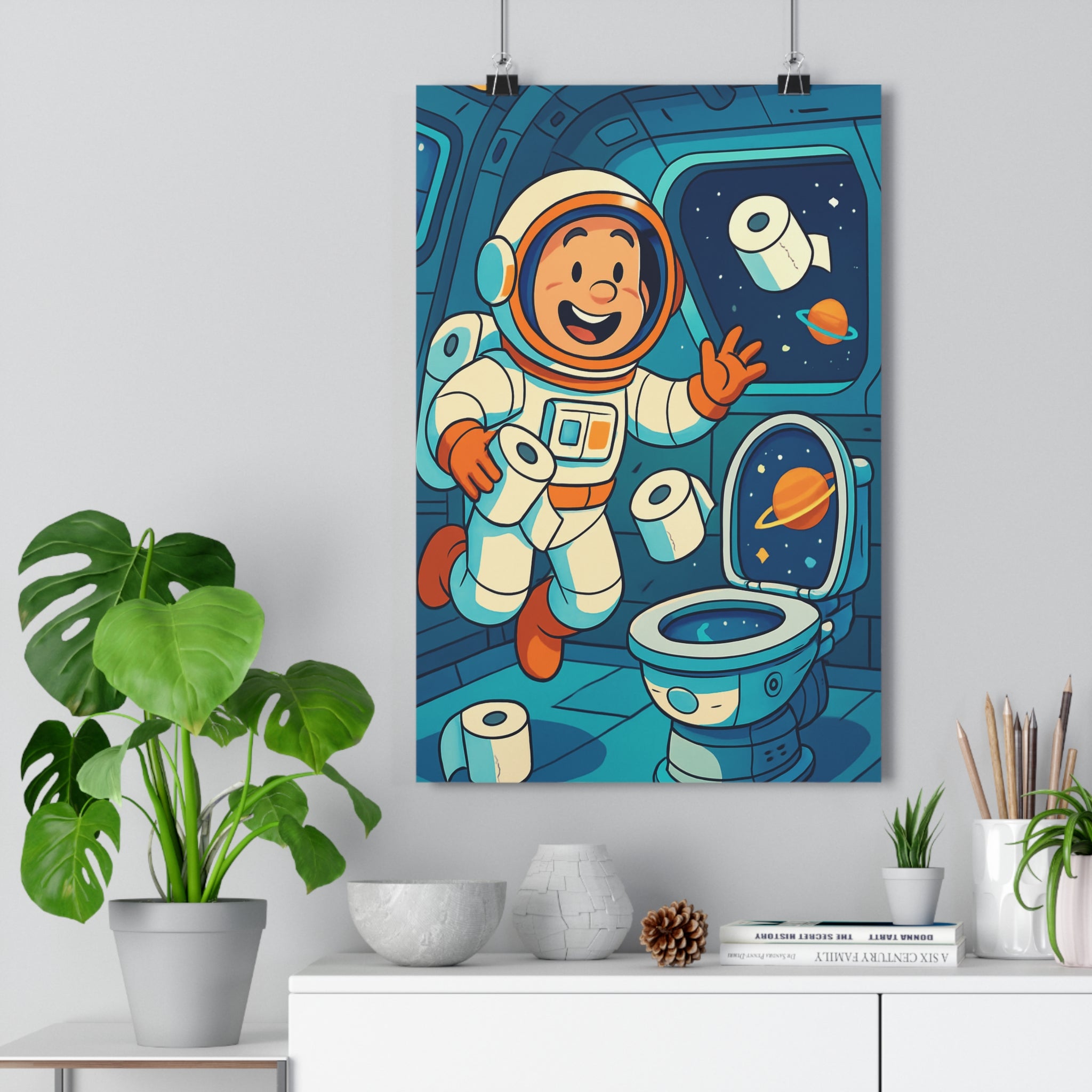 Poster décoratif astronaute futuriste bleu orange cartoon humoristique chambre enfant espace aventure tendance unique