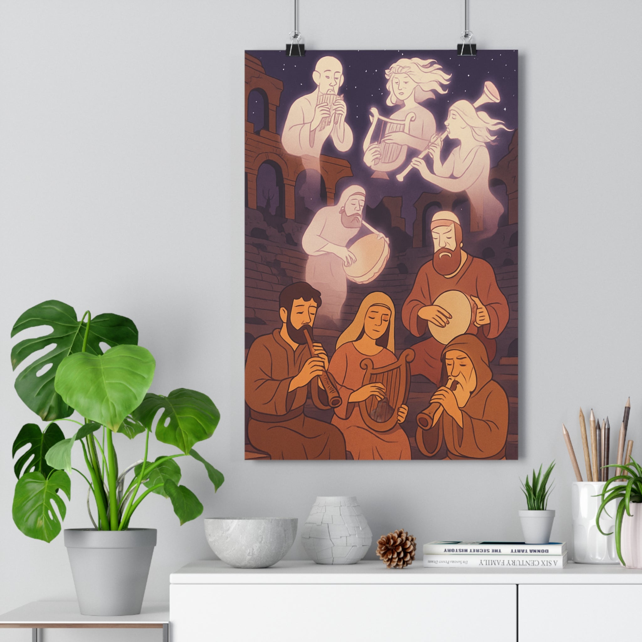 Poster décoratif mystique violet terreux vintage salon ambiance historique musique instruments artistes éthérés ruines