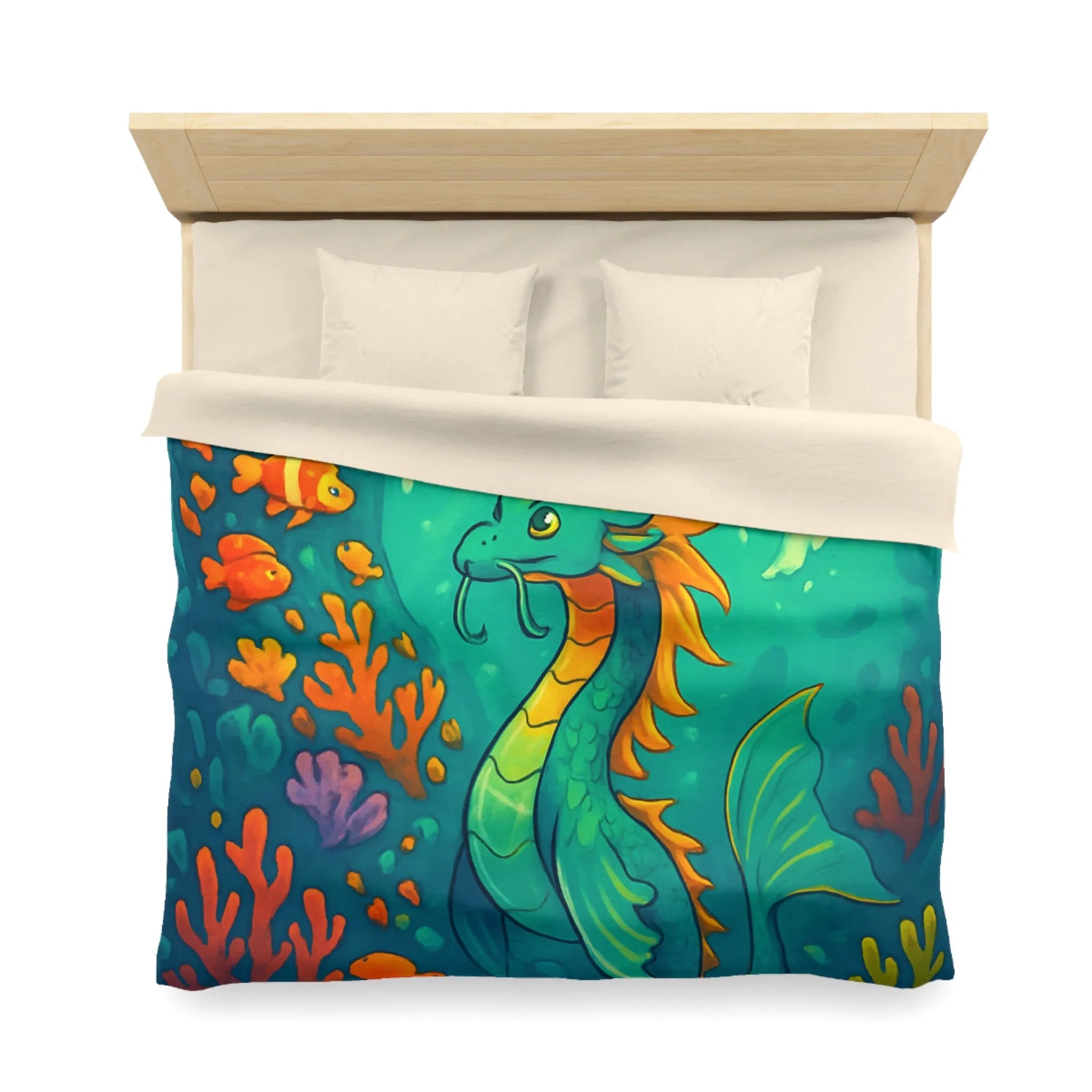 Housse de couette avec dragon marin et poissons dans des eaux colorées vibrantes