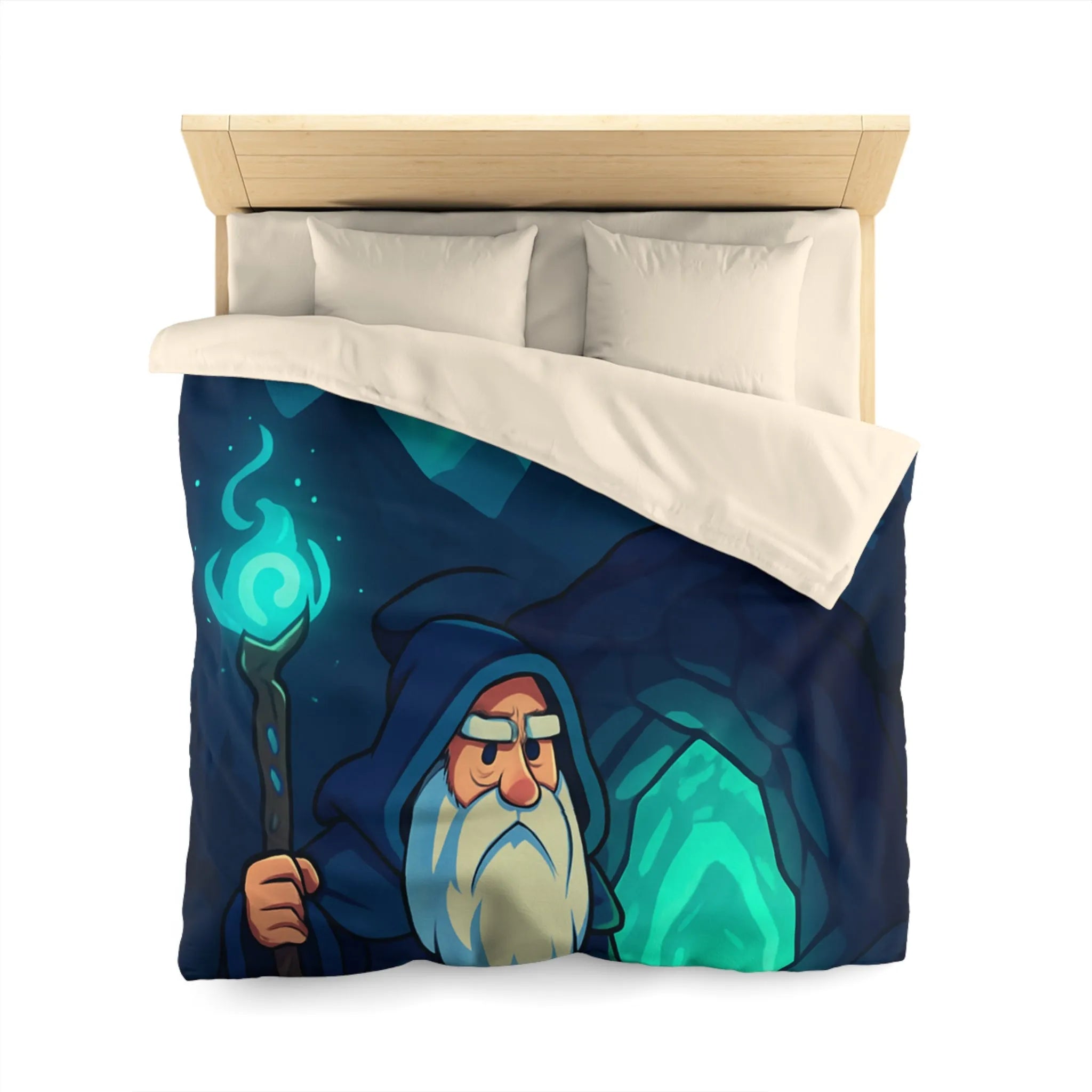 Housse de couette avec illustration de sorcier sous une aurore boréale et pleine lune