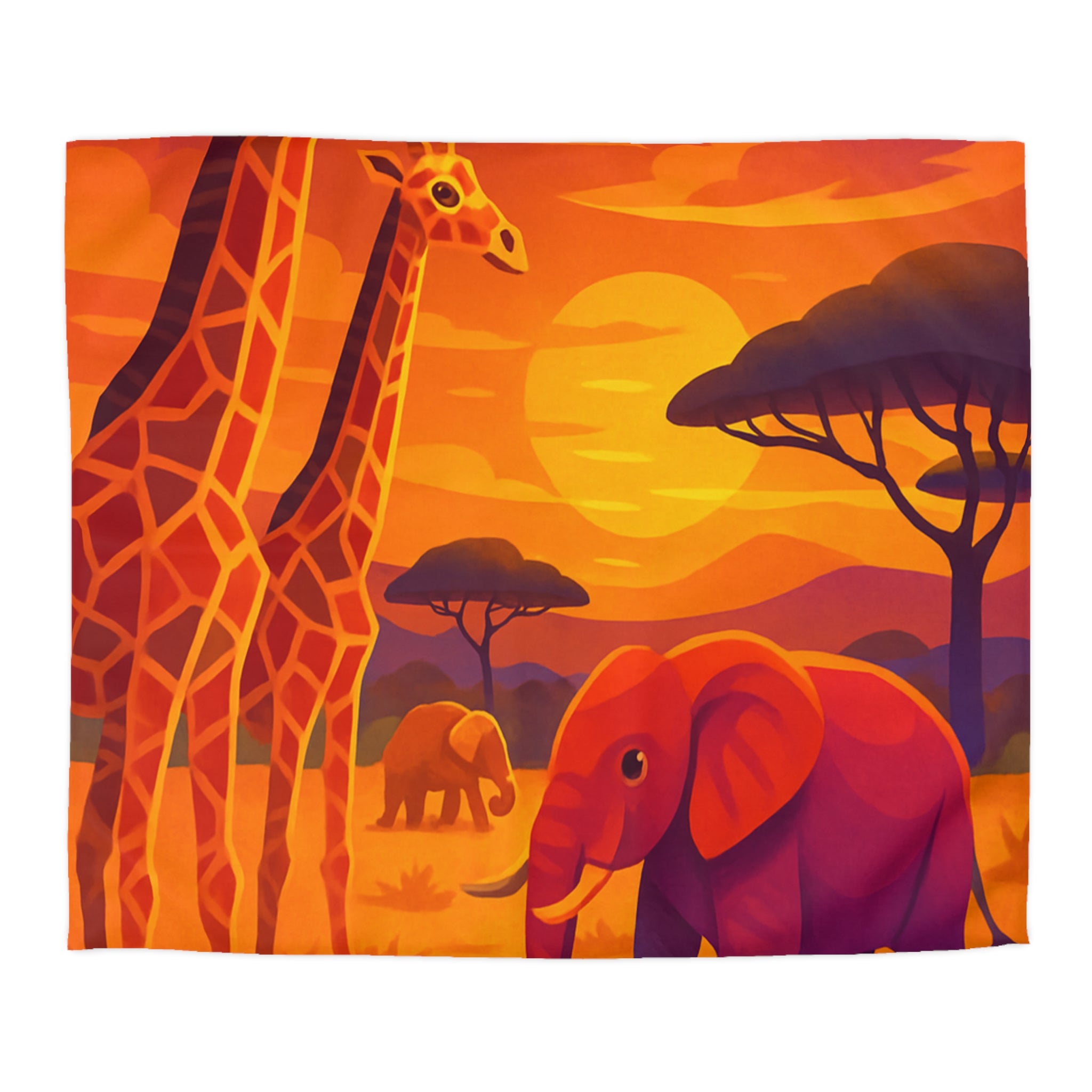 Housse de couette savane colorée avec éléphants et girafes sous coucher de soleil