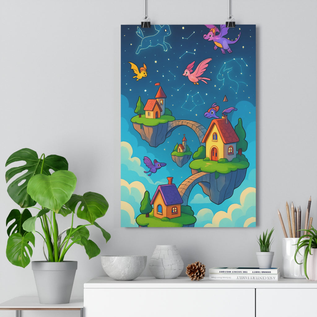 Poster décoratif cartoon féerique violet étoiles salon chambre enfant fantastique magique ambiance rêveuse unique