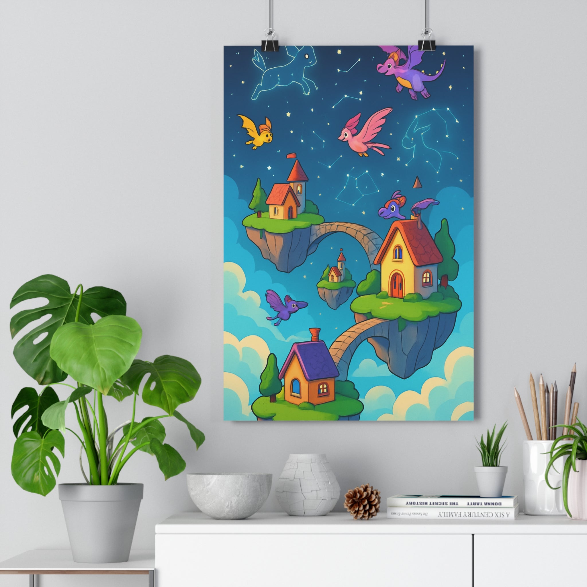 Poster décoratif cartoon féerique violet étoiles salon chambre enfant fantastique magique ambiance rêveuse unique