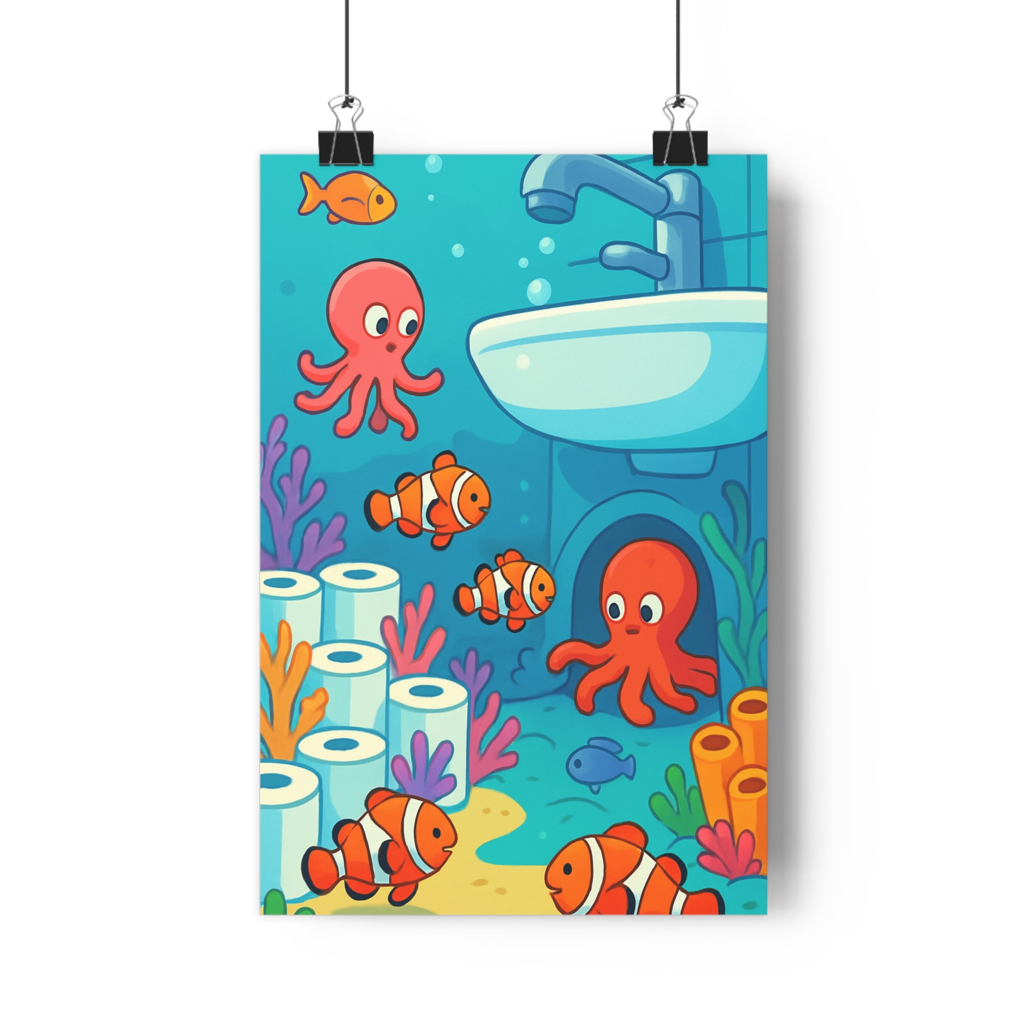 Poster décoratif amusant vibrant bleu corail cartoon scène aquatique enfants créatif coloré fantaisie unique