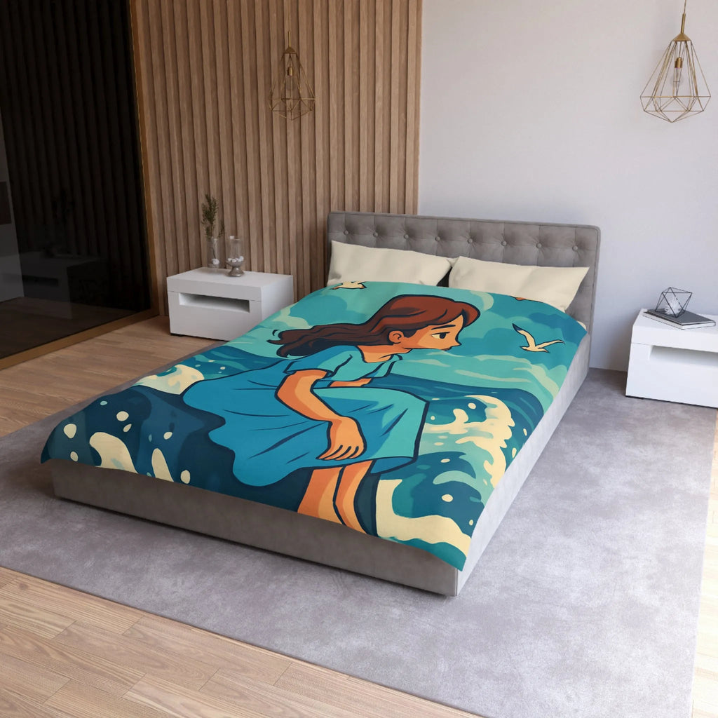 Housse de Couette Art Nouveau Femme Mermaid Assise sur Rochers avec Mouettes