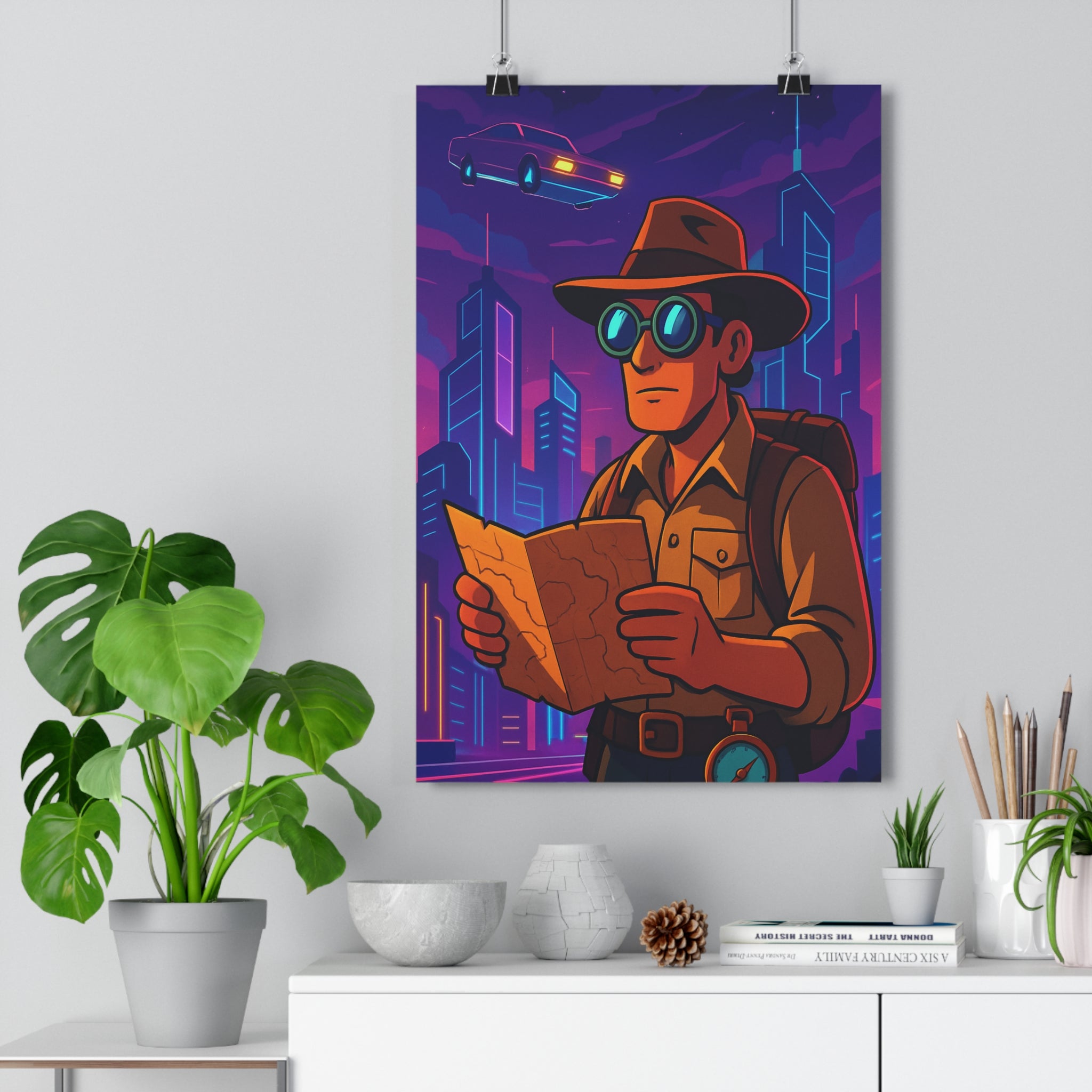 Poster décoratif mural rétrofuturiste néons violet bleu aventure chambre salon nostalgique moderne animé unique