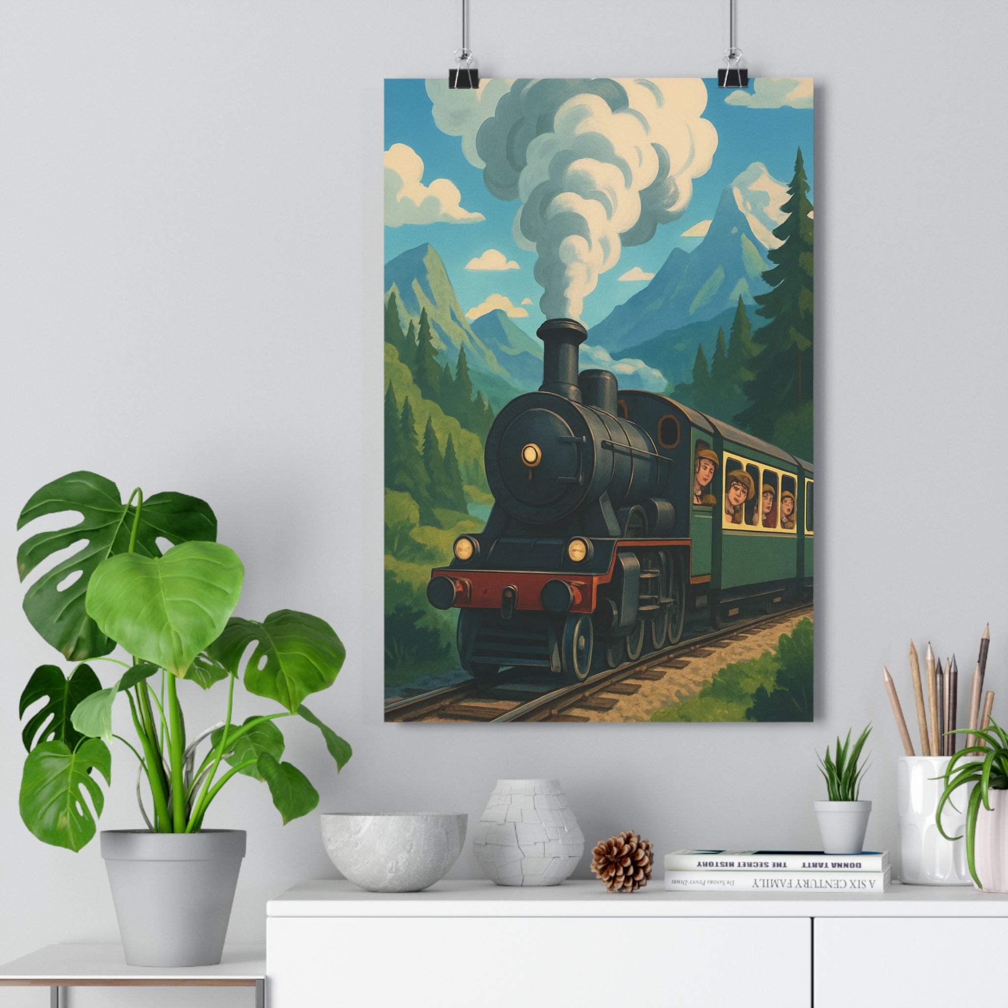 Poster décoratif aventure locomotive noir blanc vintage rétro salon bureau paysage montagneux forêt qualité