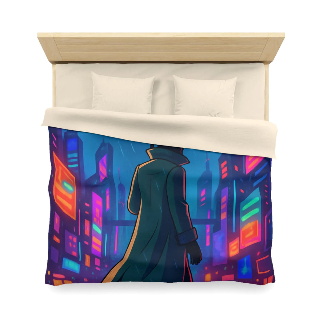 Housse de Couette Design Futuriste Ville Néon avec Parapluie et Pluie Nocturne