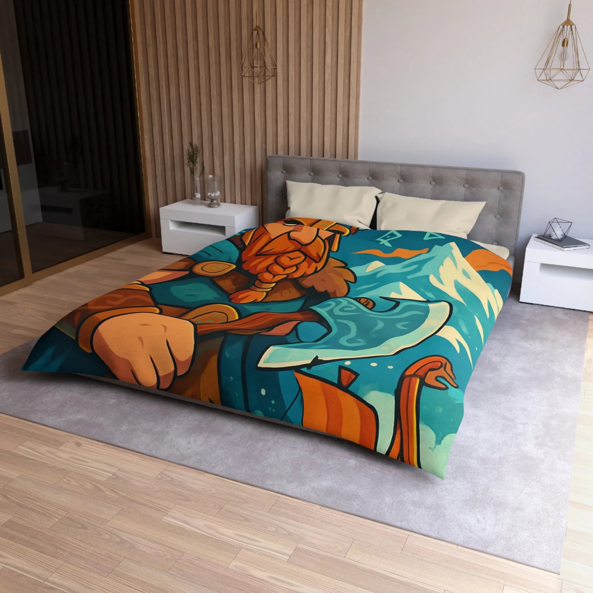 Housse de couette avec Viking, hache nordique, montagnes enneigées et runes anciennes