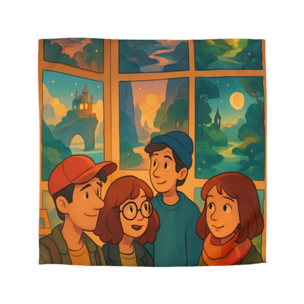 Housse de couette colorée avec paysages enchanteurs et personnages stylisés en exposition artistique