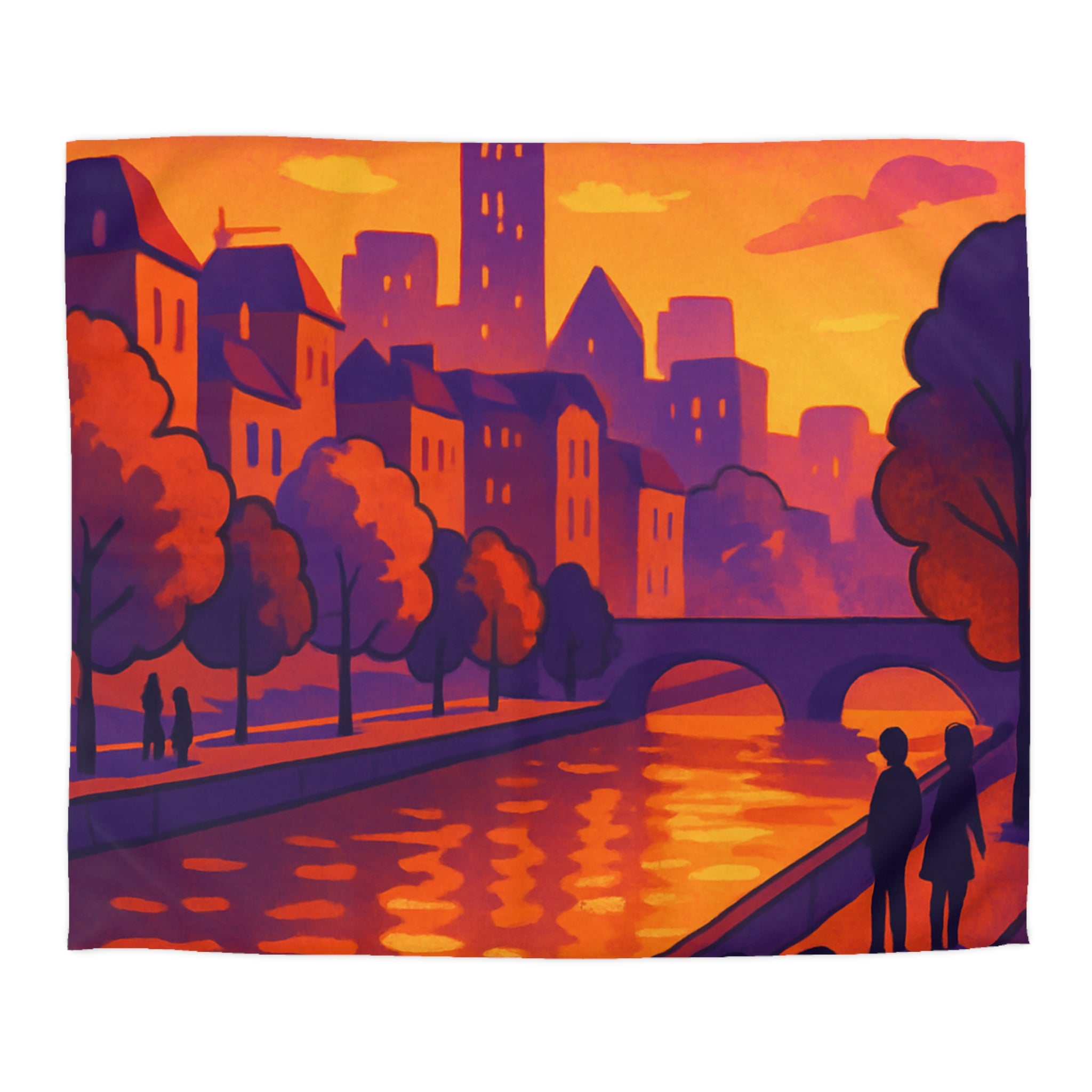 Vibrant paysage urbain crépusculaire avec silhouettes et rivière pour housse de couette