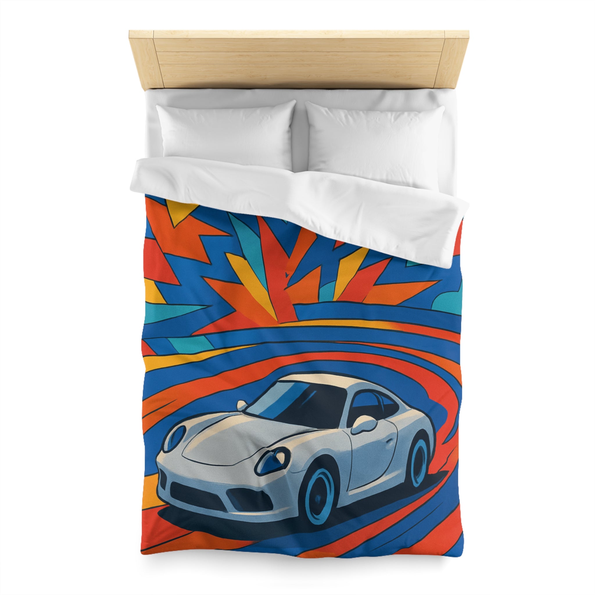 Housse de couette voiture sportive dynamique avec explosion de couleurs vives et éclatantes