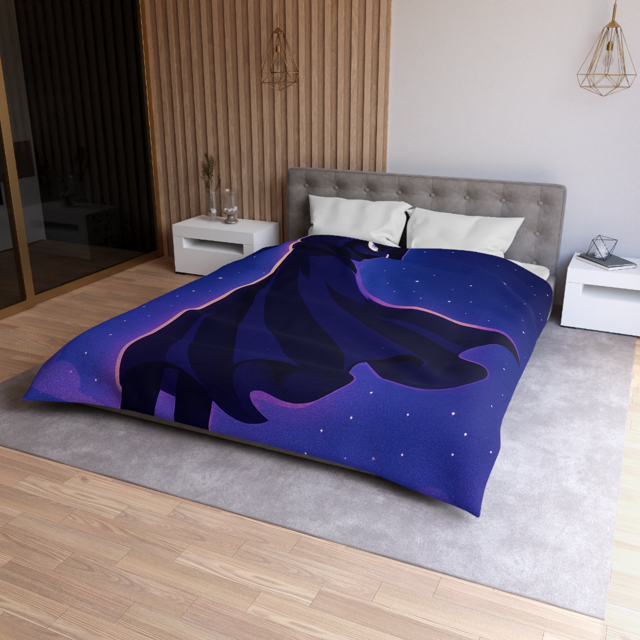 Housse de couette mystérieuse avec silhouette en cape sous un ciel étoilé magique