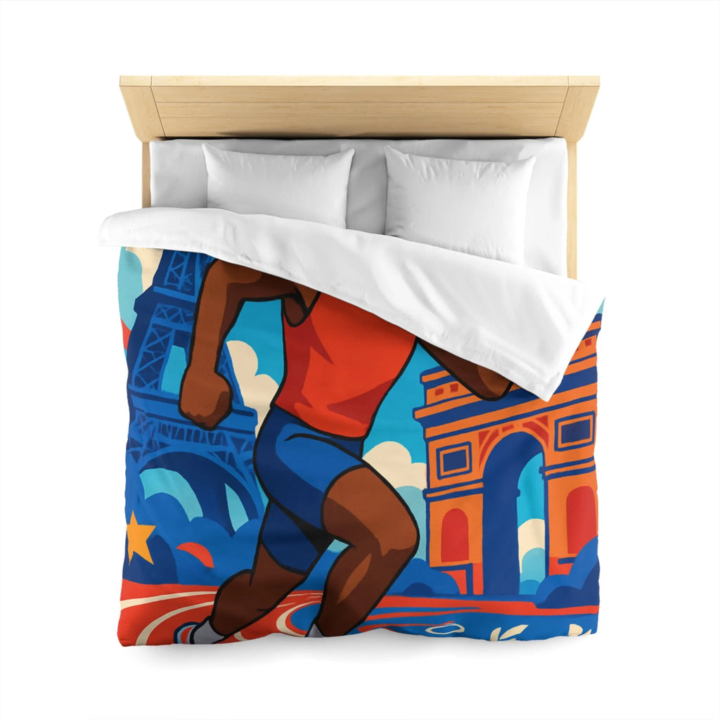 Couverture de lit sportive avec athlète vibrant et monuments emblématiques pour chambre dynamique