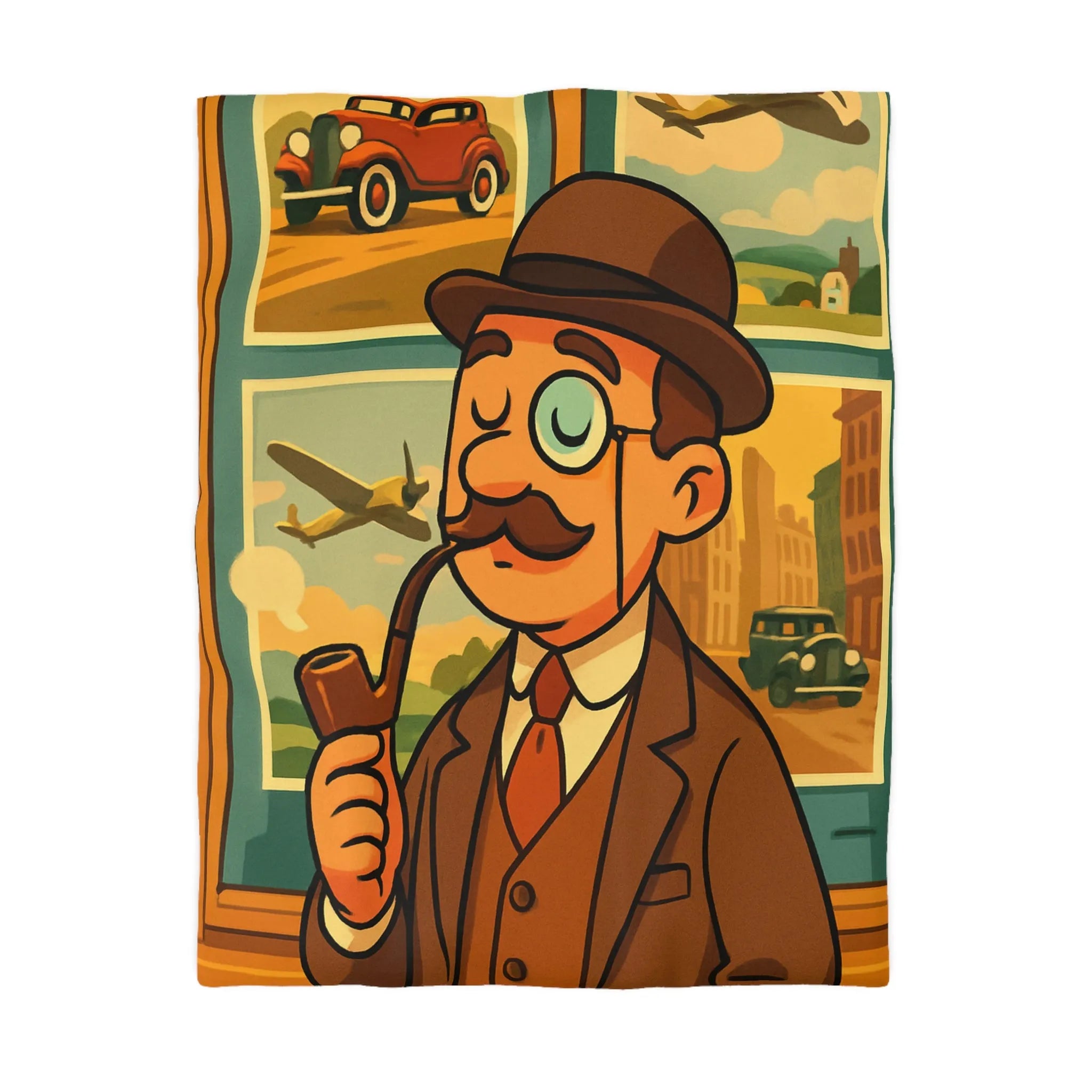 Élégant Gentleman Vintage avec Moustache et Monocle devant Affiches de Voiture et Avion