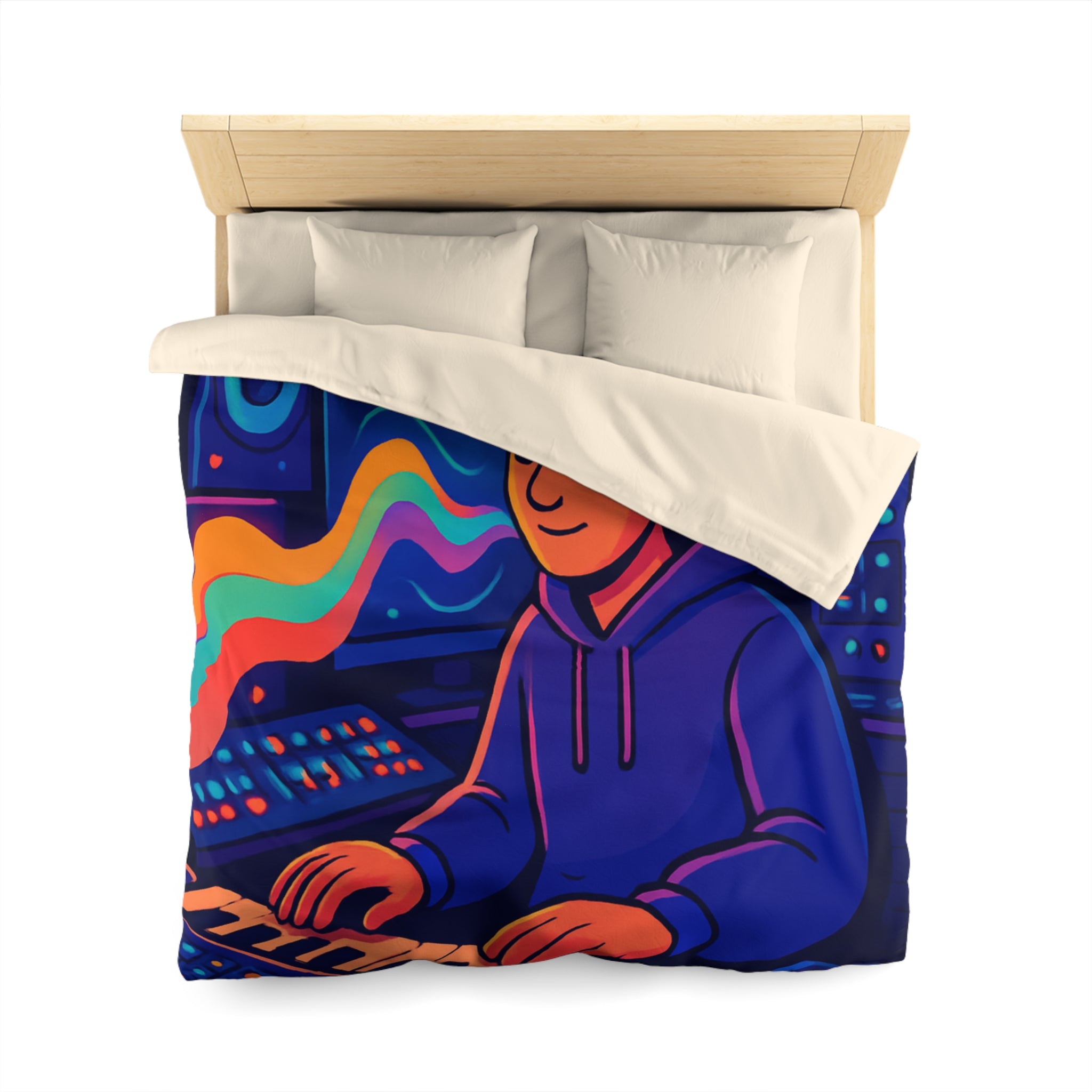 Housse de couette vibrante avec musicien dans un studio coloré et moderne