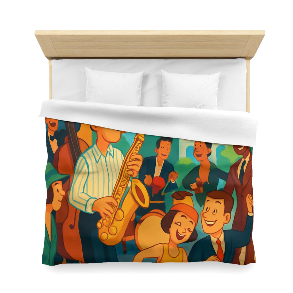 Housse de couette vintage avec scène de musique jazz animée et danse joyeuse