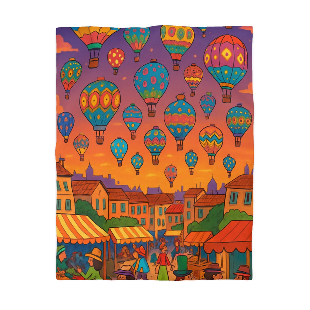 Housse de couette avec montgolfières colorées sur ciel au crépuscule villageois animé