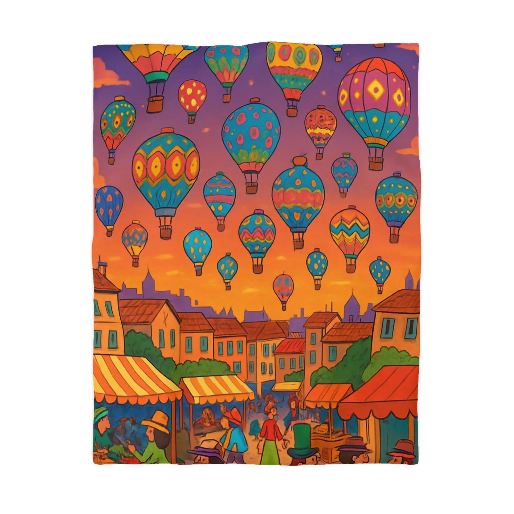 Housse de couette avec montgolfières colorées sur ciel au crépuscule villageois animé