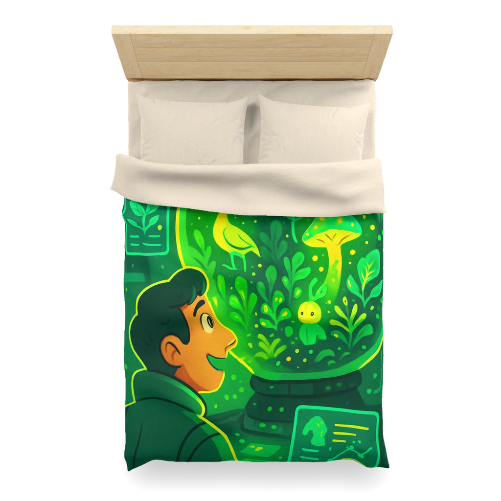 Housse de couette verte forêt magique avec créatures et éléments de laboratoire lumineux