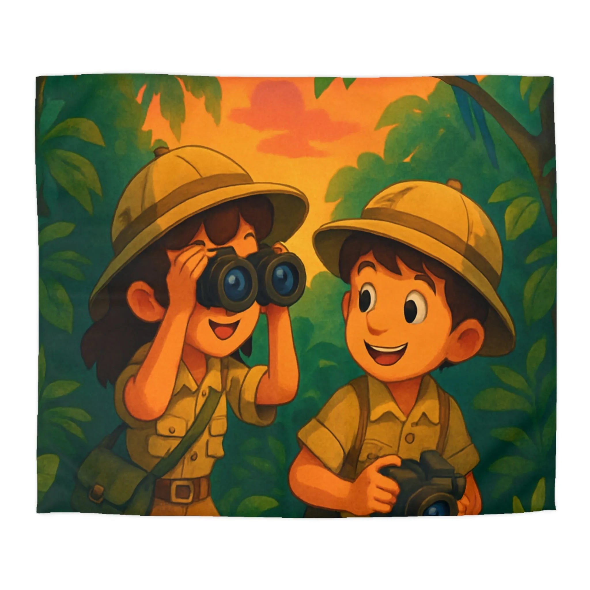 Housse de couette jungle colorée avec enfants explorateurs, perroquet et éléphant mignon