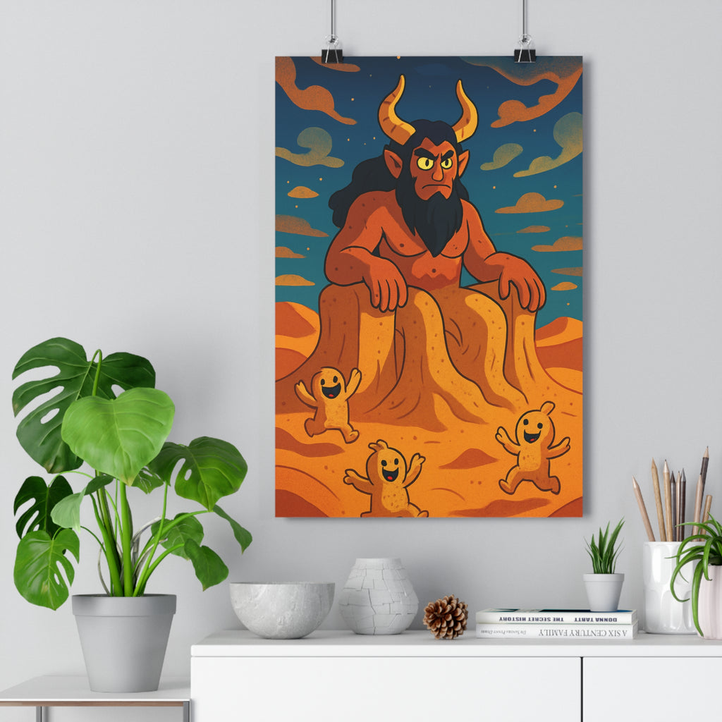 Poster décoratif cartoon mythologique géant cornes créatures sable doré bleu orange fantastique chambre qualité