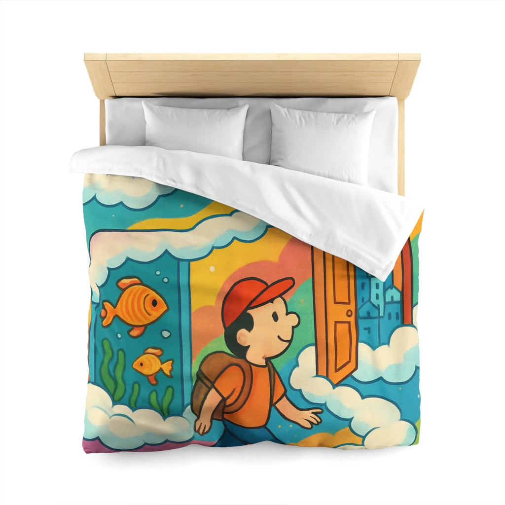 Housse de couette colorée avec portes magiques, nuages et aventure pour enfants rêveurs