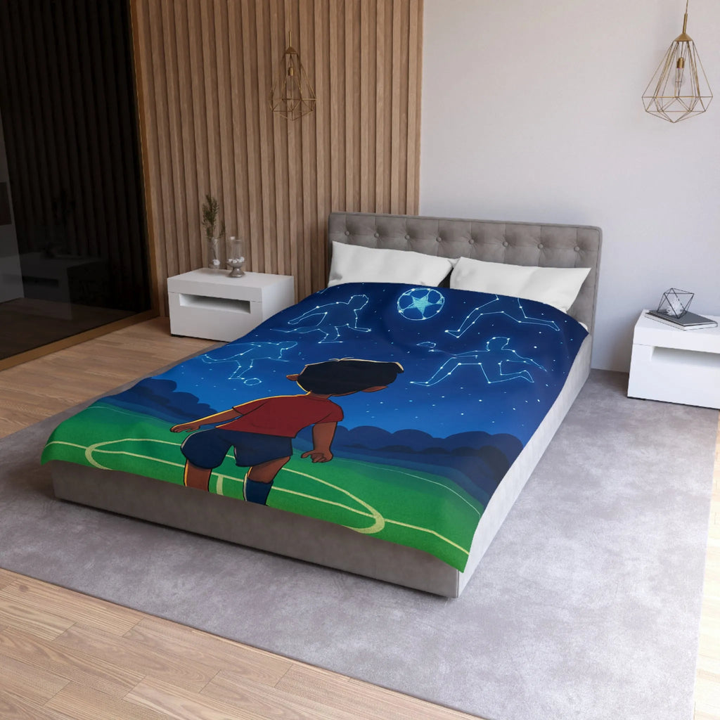 Housse de couette étoilée avec enfant rêvant de football sous ciel constellé