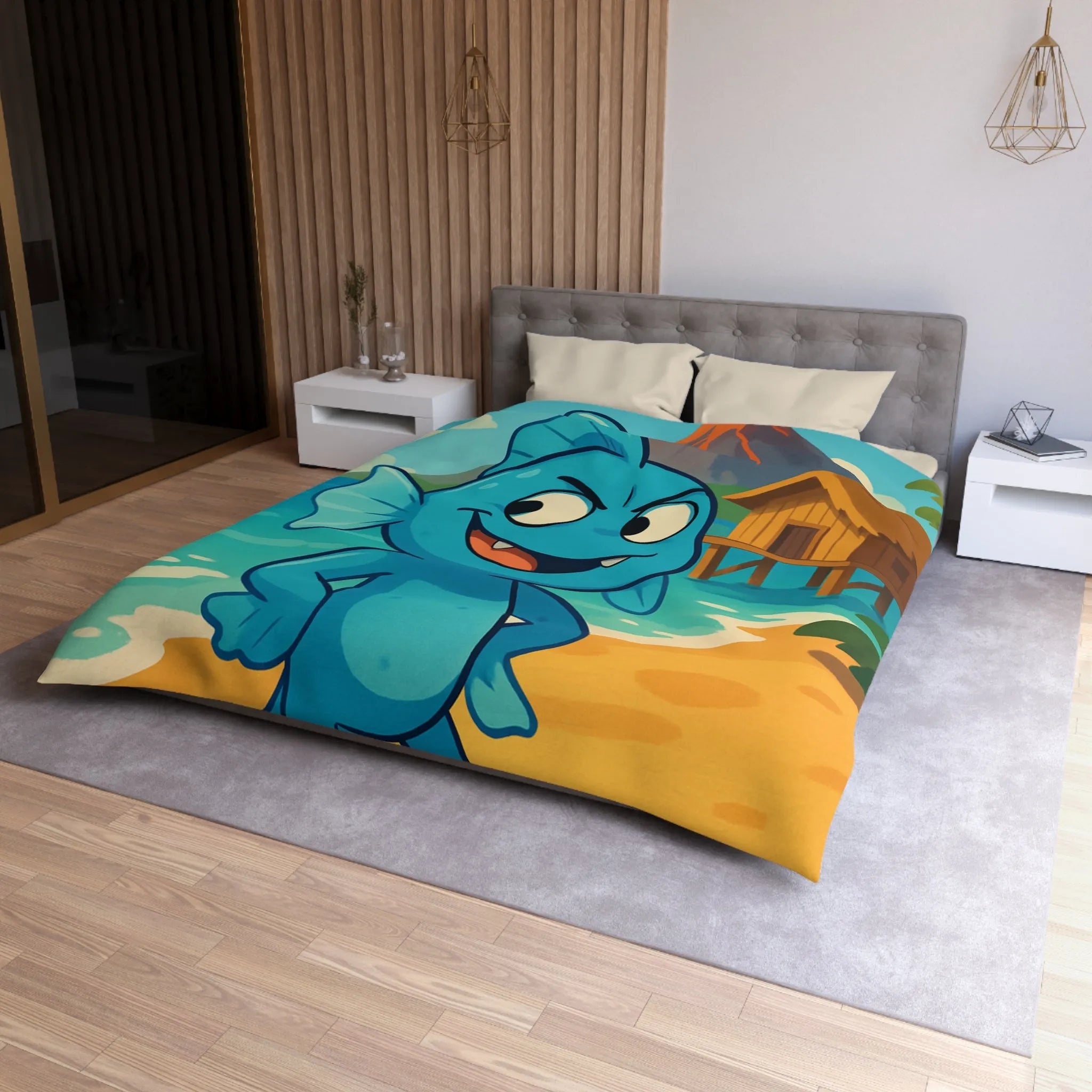 Housse de couette île tropicale avec poisson bleu et volcan en arrière-plan