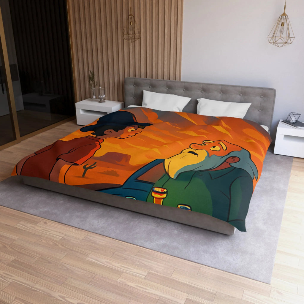 Housse de couette artistique coucher de soleil désertique avec flacons lumineux et personnages