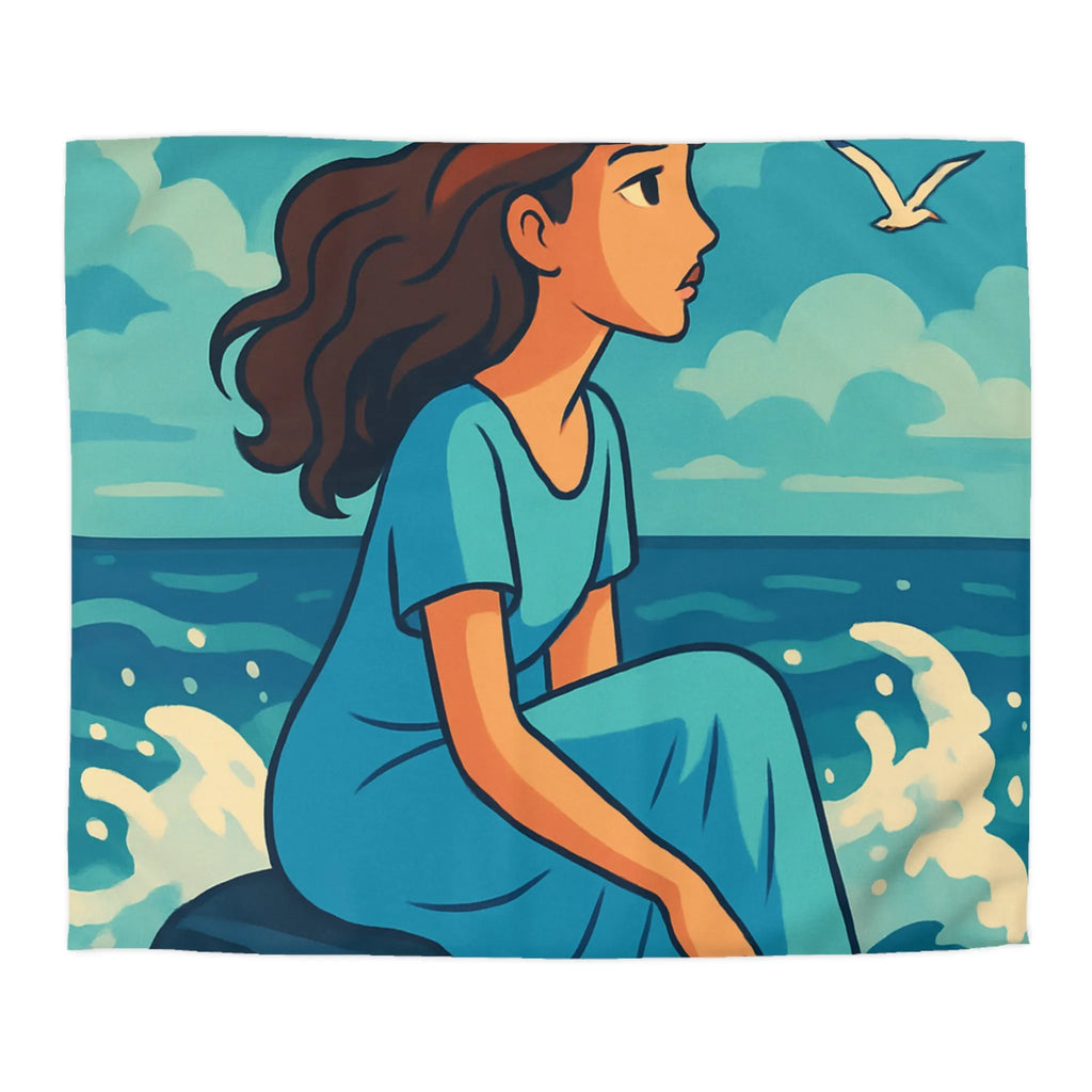 Housse de Couette Art Nouveau Femme Mermaid Assise sur Rochers avec Mouettes