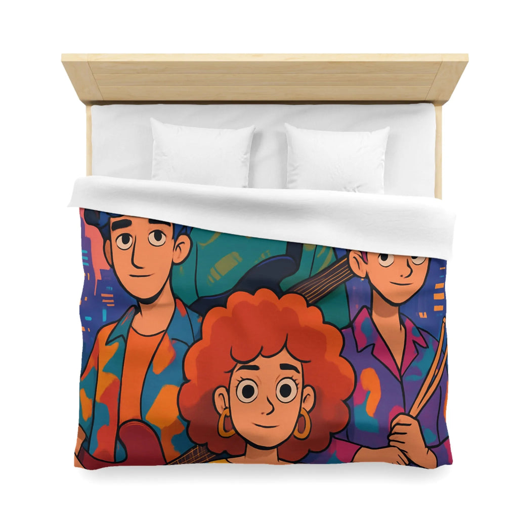 Housse de couette colorée avec groupe de musiciens devant un paysage urbain nocturne