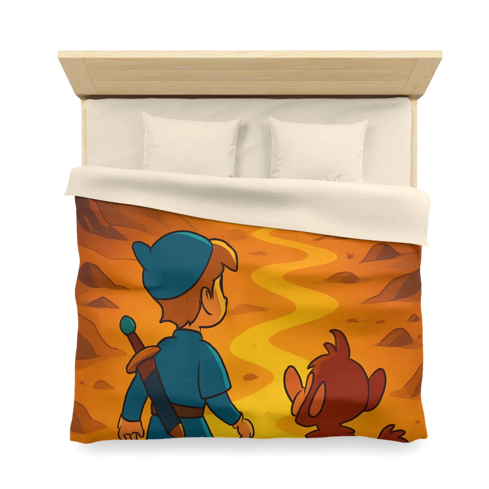 Housse de Couette Aventure Épique Enfantine avec Enfant et Singe dans Désert Mystique