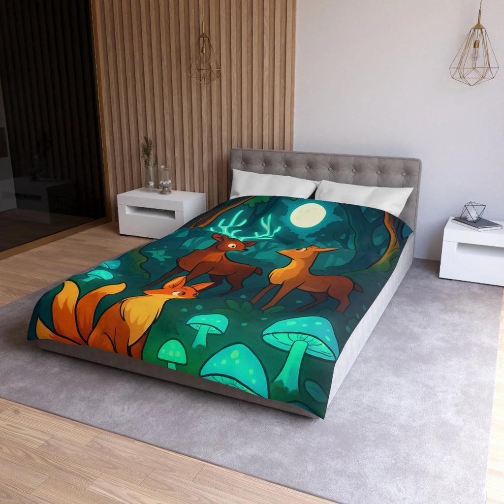 Housse de couette avec animaux de forêt et champignons sous lumière lunaire magique