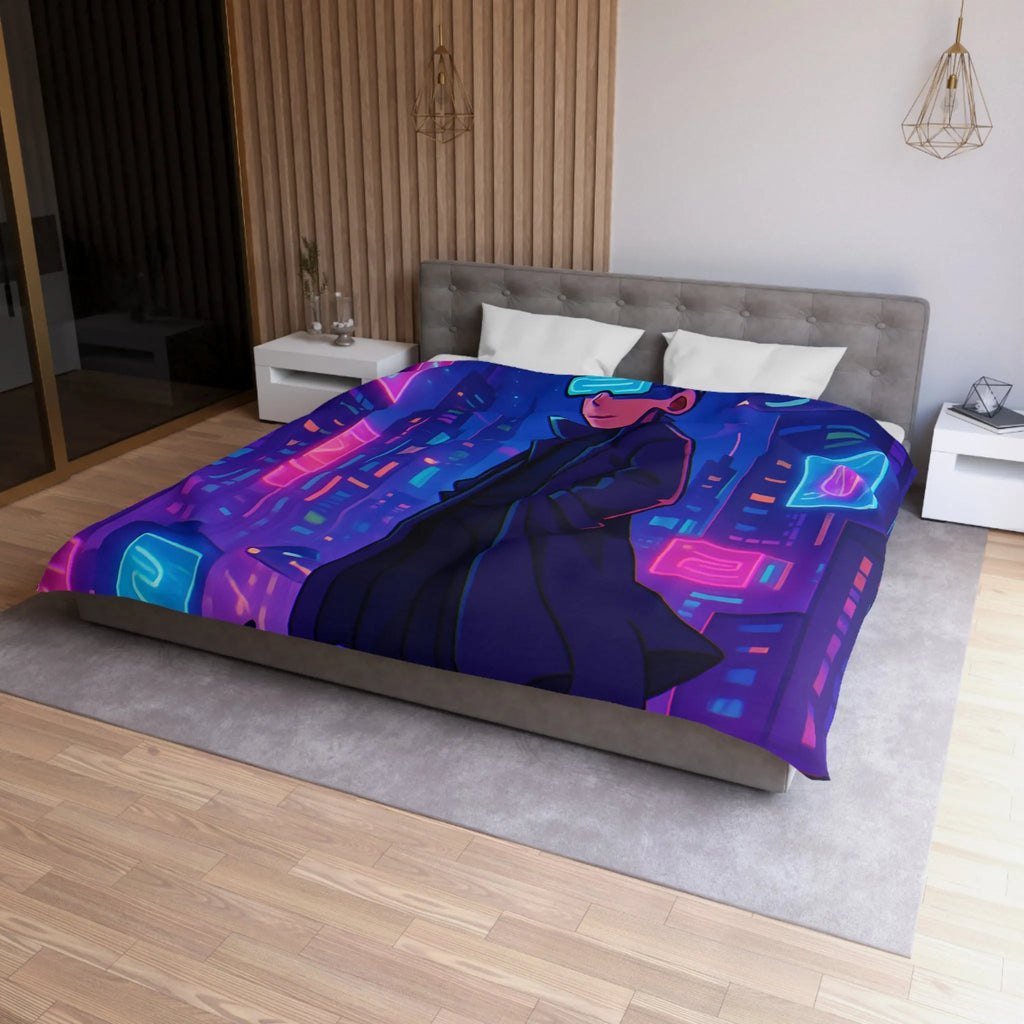 Housse de couette en néon futuriste avec personnage mystérieux et skyline cyberpunk