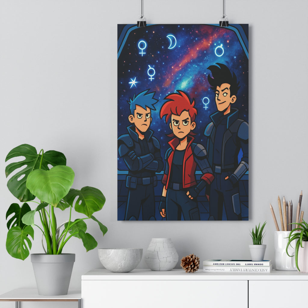 Poster décoratif rétrofuturiste anime bleu rouge aventure espace chambre bureau cosmique vibrant 30x46 qualité