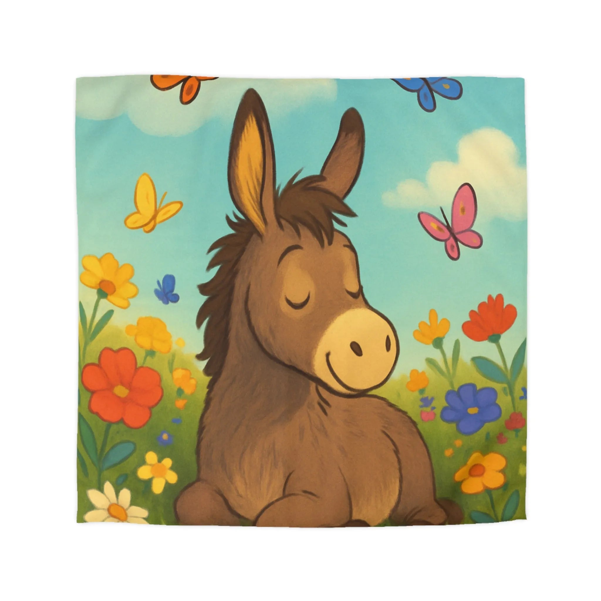 Housse de couette enfant Âne endormi, fleurs colorées et papillons dans un pré