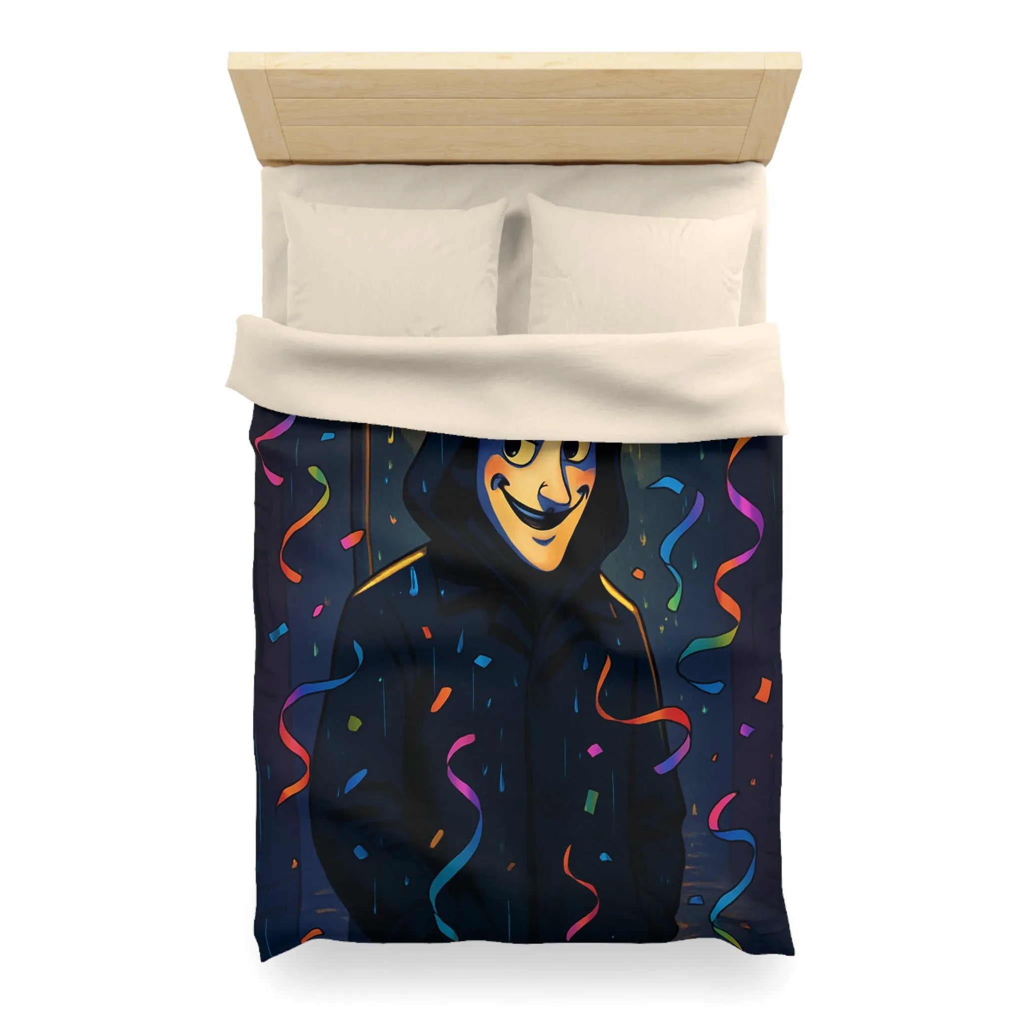 Housse de couette artistique joyeuse avec personnage mystérieux sous réverbère nocturne coloré